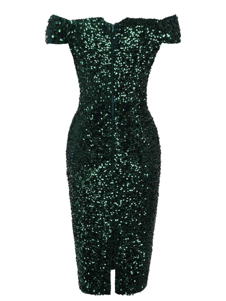 Robe crayon verte à épaules dénudées à paillettes des années 1960