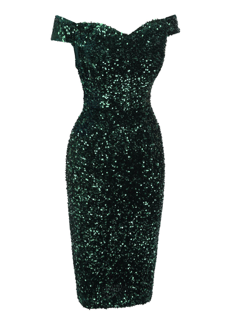 Robe crayon verte à épaules dénudées à paillettes des années 1960