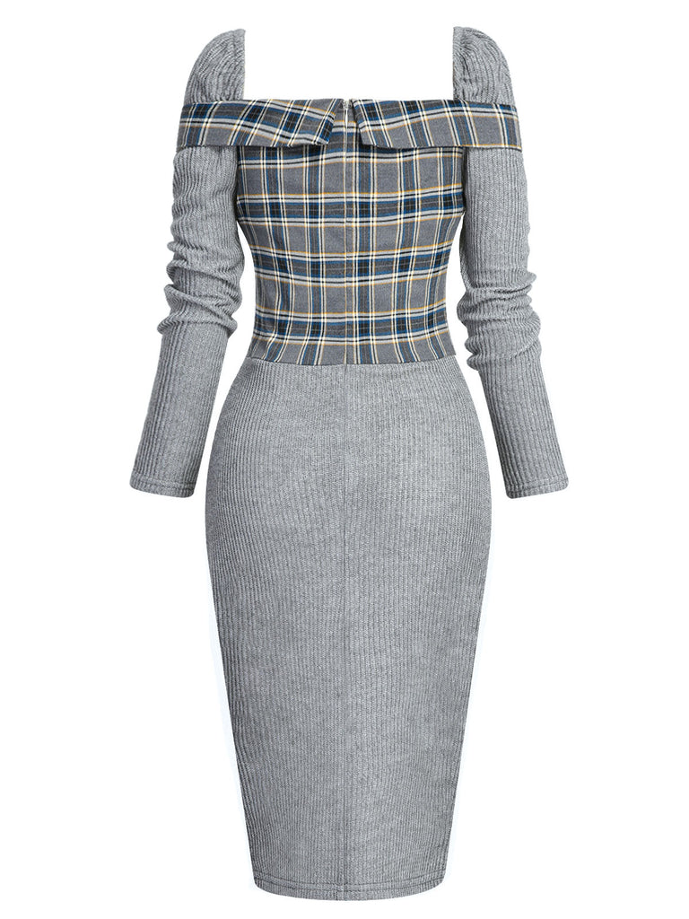 Robe crayon patchwork à carreaux grise années 1960