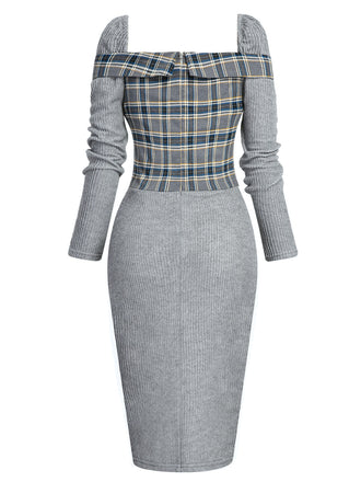 Robe crayon patchwork à carreaux grise années 1960