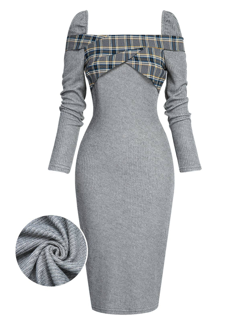 Robe crayon patchwork à carreaux grise années 1960