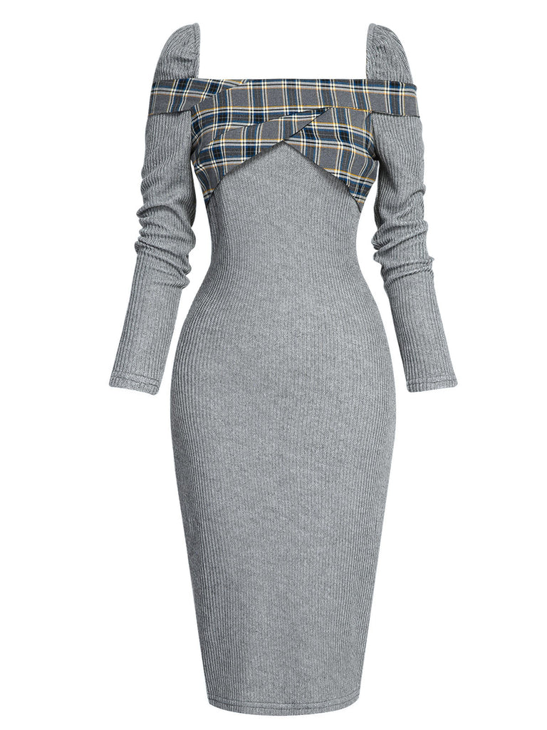 Robe crayon patchwork à carreaux grise années 1960