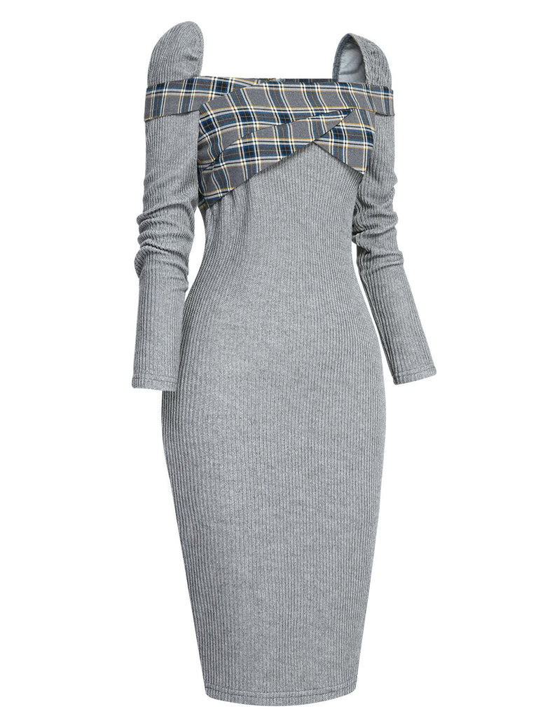 Robe crayon patchwork à carreaux grise années 1960