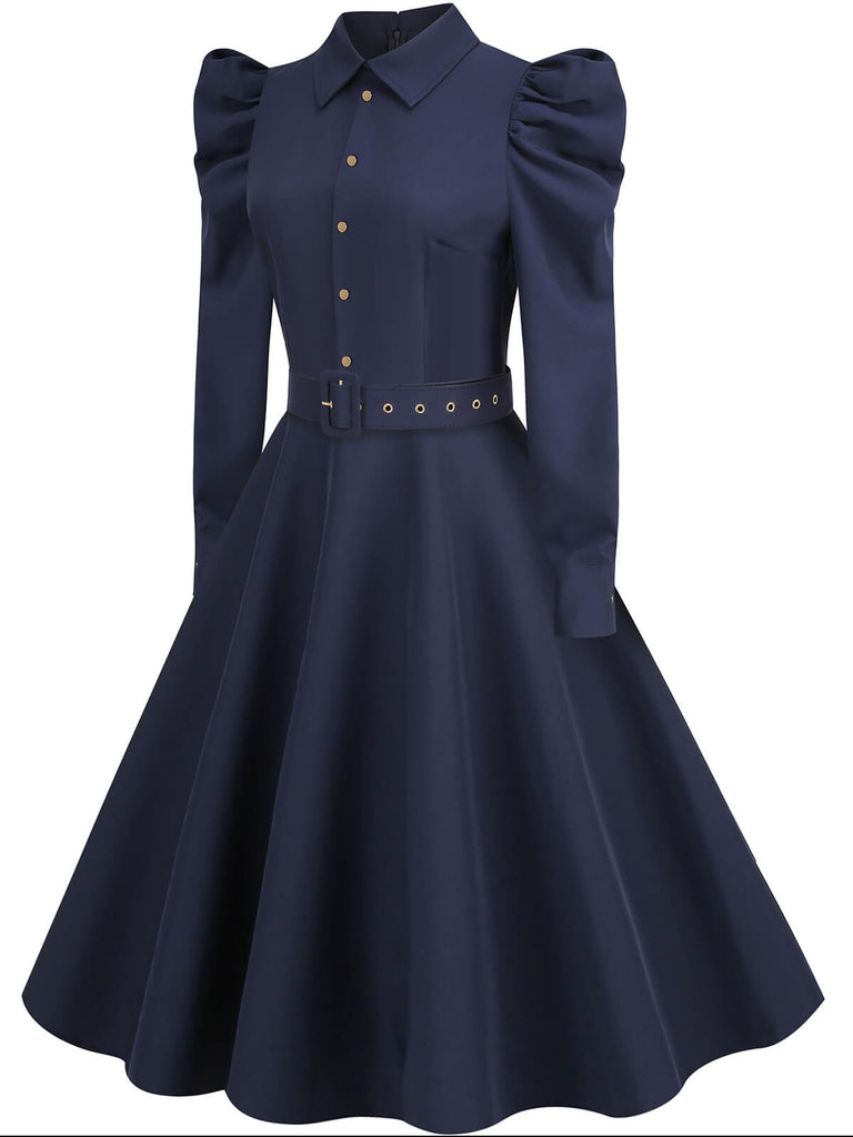 Robe trapèze à revers bleu marine années 1950 Cocktail Chic