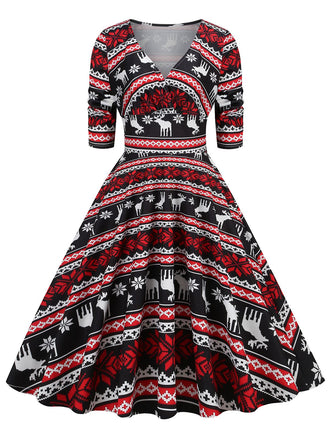 Robe de Noël patchwork à col en V des années 1950