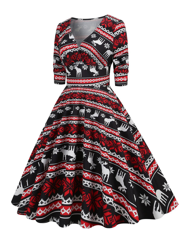 Robe de Noël patchwork à col en V des années 1950