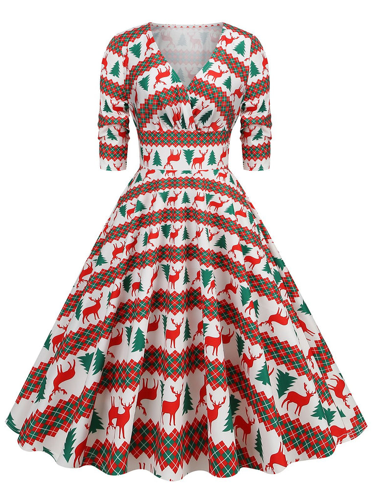 Robe de Noël patchwork à col en V des années 1950