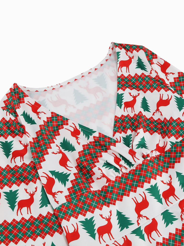 Robe de Noël patchwork à col en V des années 1950