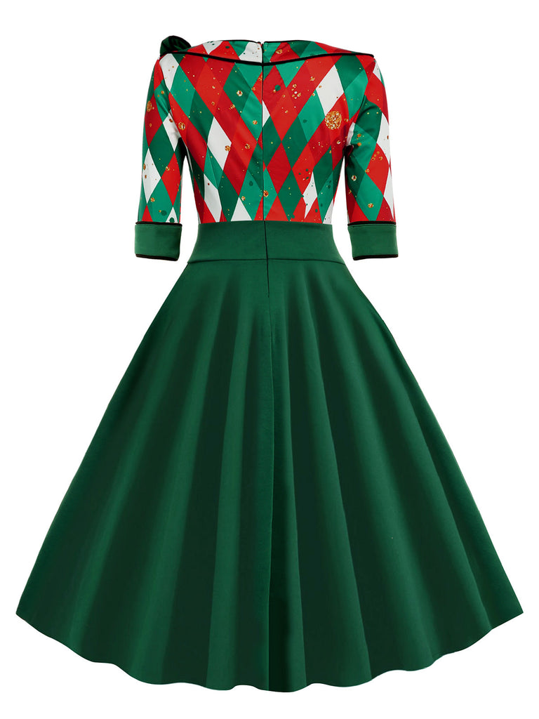 Robe patchwork à carreaux de Noël verte des années 1950