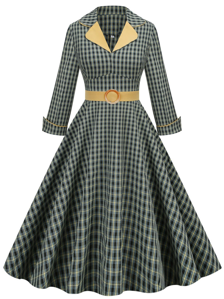 Robe trapèze jaune et noire 1950s à revers à carreaux