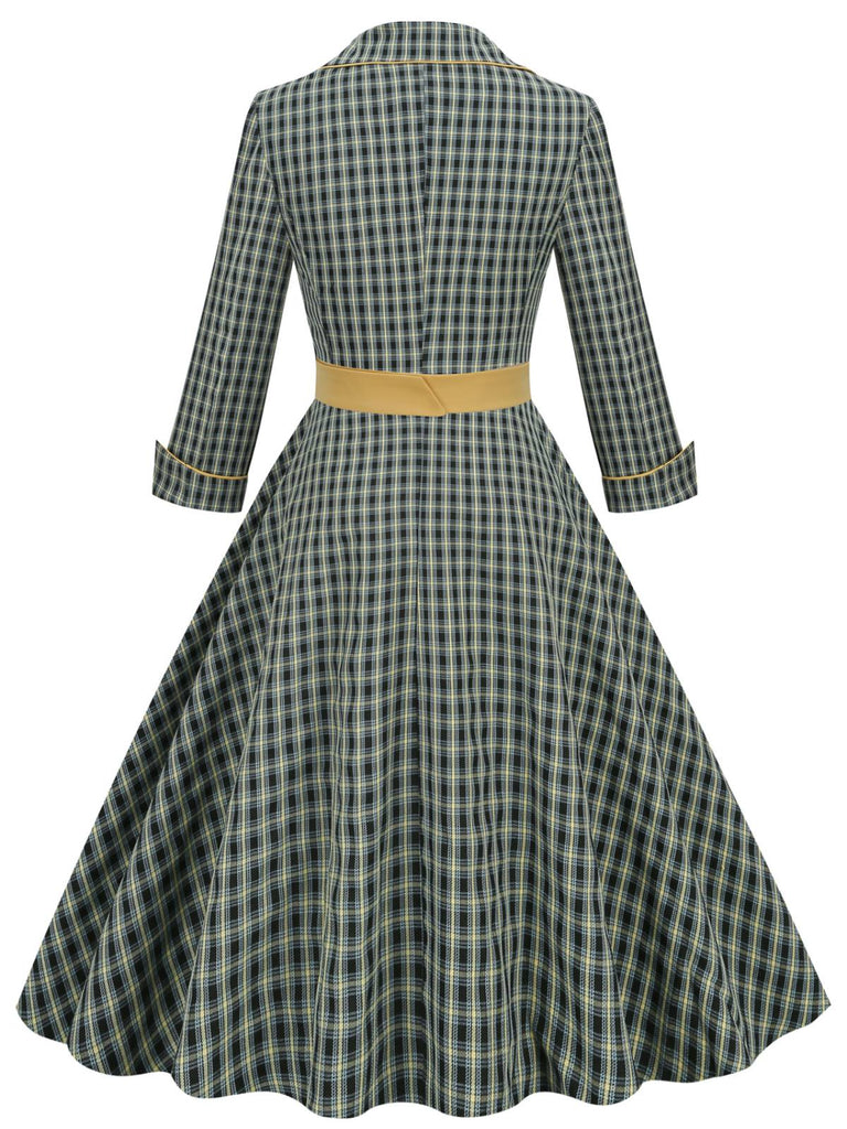 Robe trapèze jaune et noire 1950s à revers à carreaux
