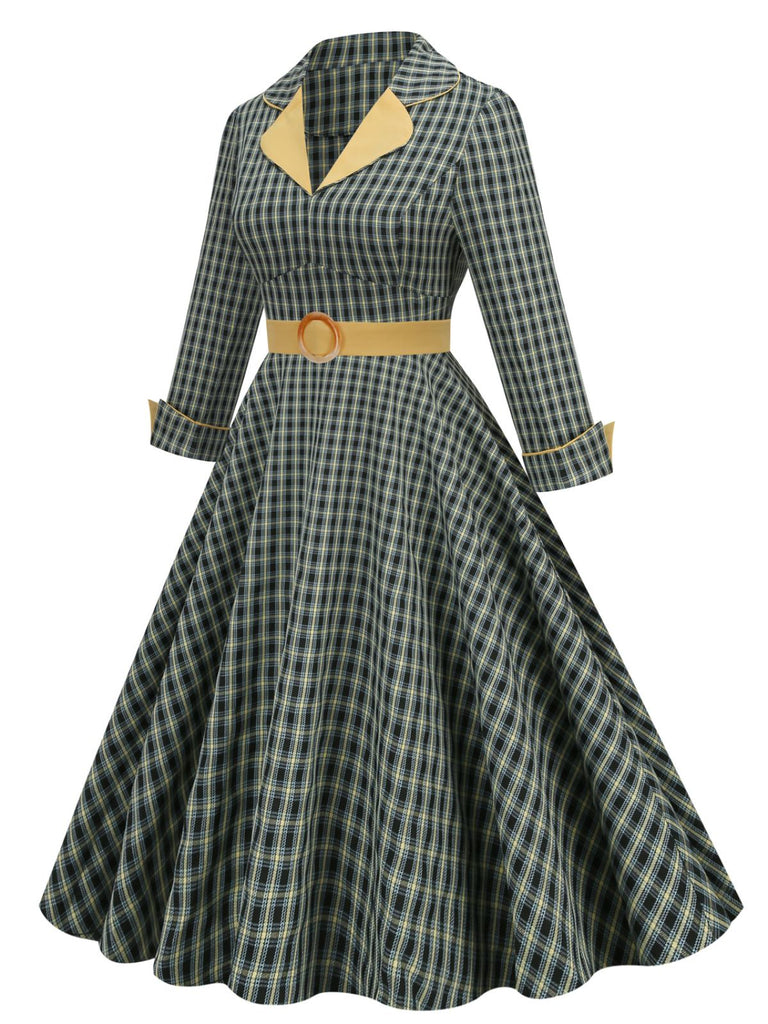 Robe trapèze jaune et noire 1950s à revers à carreaux