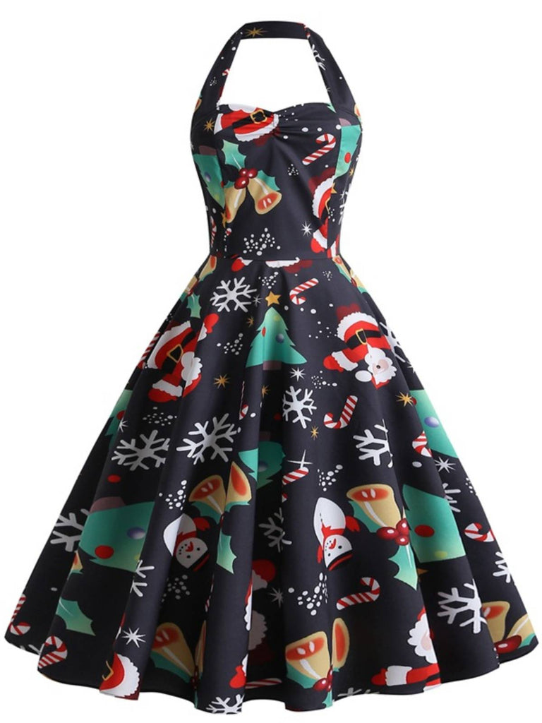 Robe trapèze noire sapin de Noël des années 1950