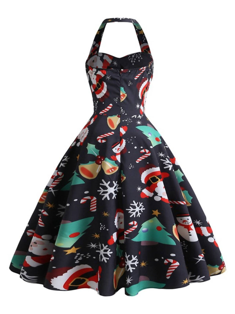 Robe trapèze noire sapin de Noël des années 1950
