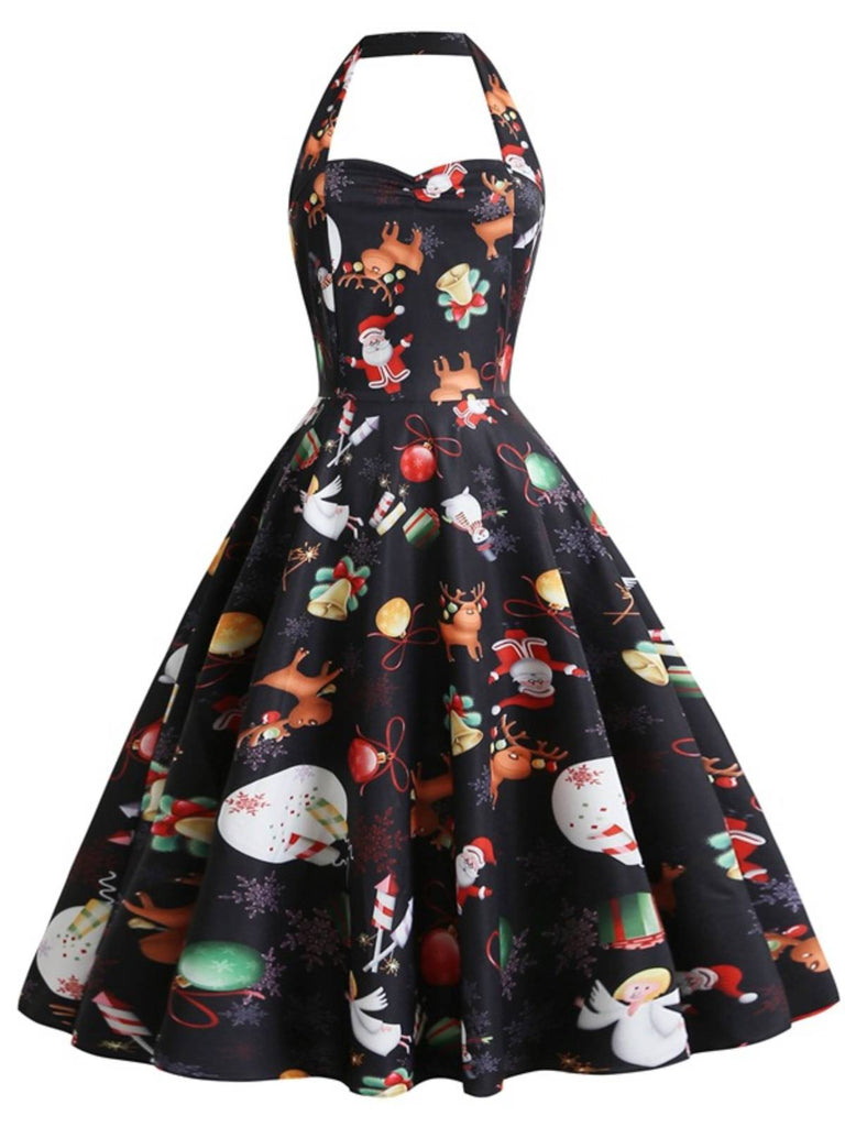 Robe évasée noire de dessin animé de Noël des années 1950