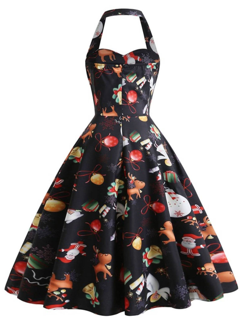 Robe évasée noire de dessin animé de Noël des années 1950