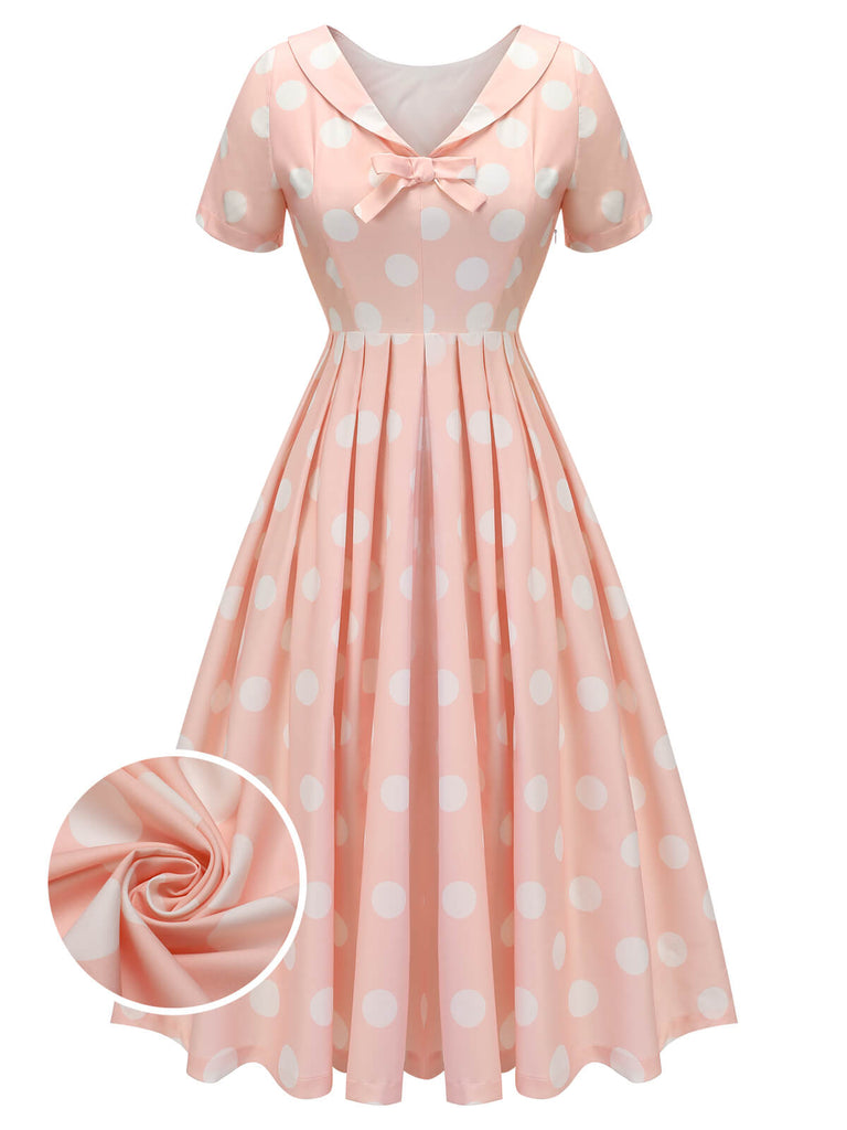 Robe rose pêche à pois années 1940 à manches courtes
