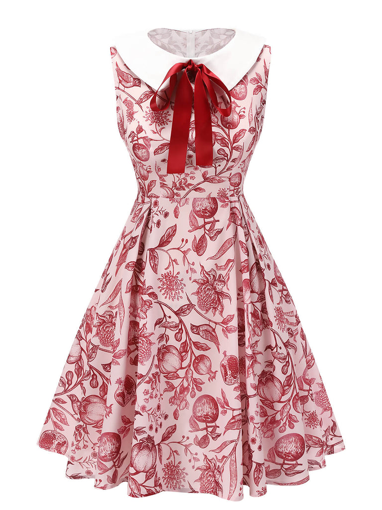Robe sans manches à revers avec nœud floral rouge des années 1940