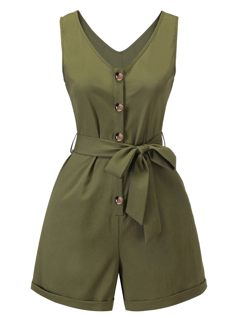 Combishort à nouer boutonnée à col en V vert armée des années 1950