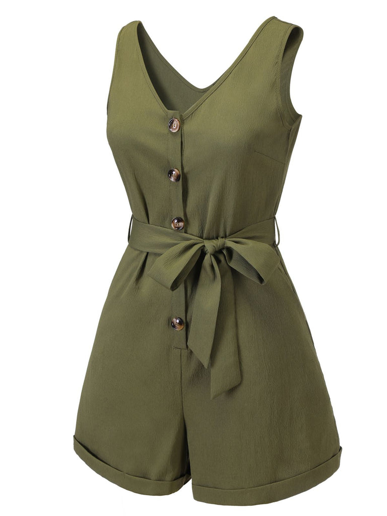 Combishort à nouer boutonnée à col en V vert armée des années 1950