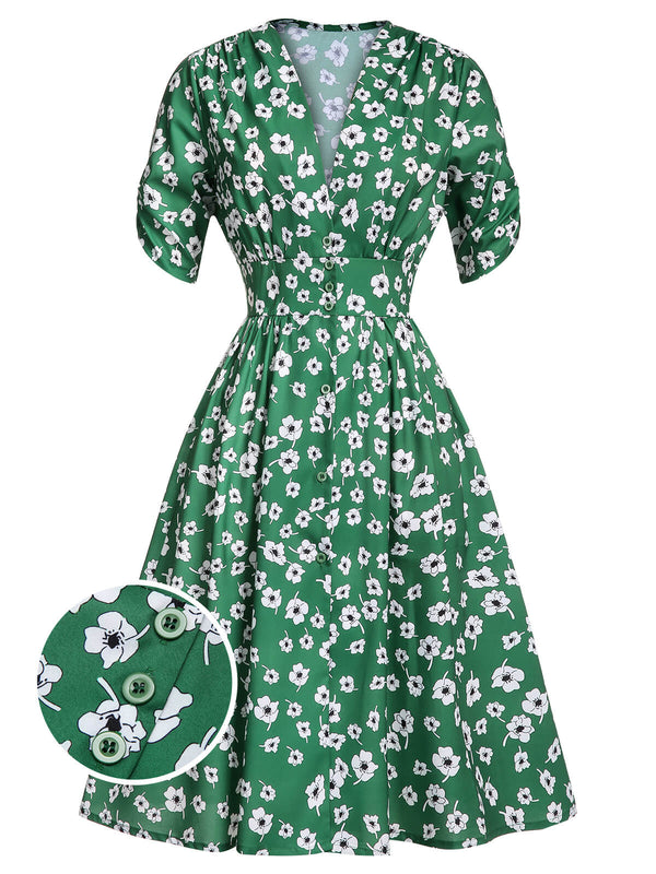 Robe verte a fleurs a col en V des annees 1940
