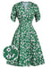 Robe verte à fleurs à col en V des années 1940