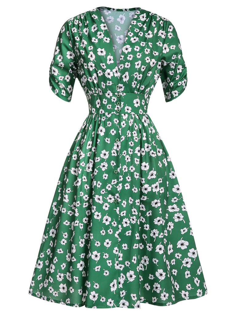 Robe verte à fleurs à col en V des années 1940