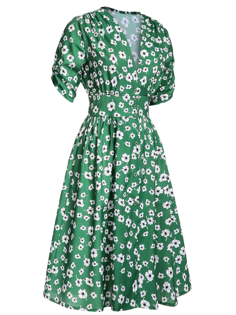 Robe verte à fleurs à col en V des années 1940