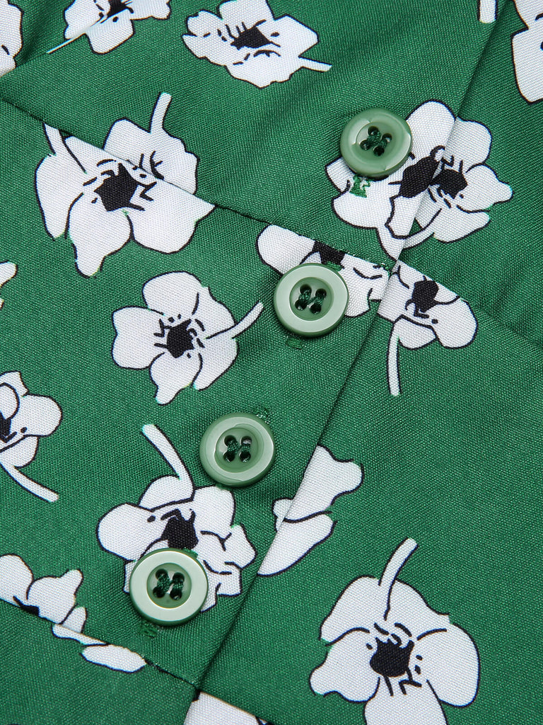 Robe verte à fleurs à col en V des années 1940