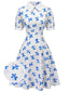 Robe florale bleu col claudine des années 1940