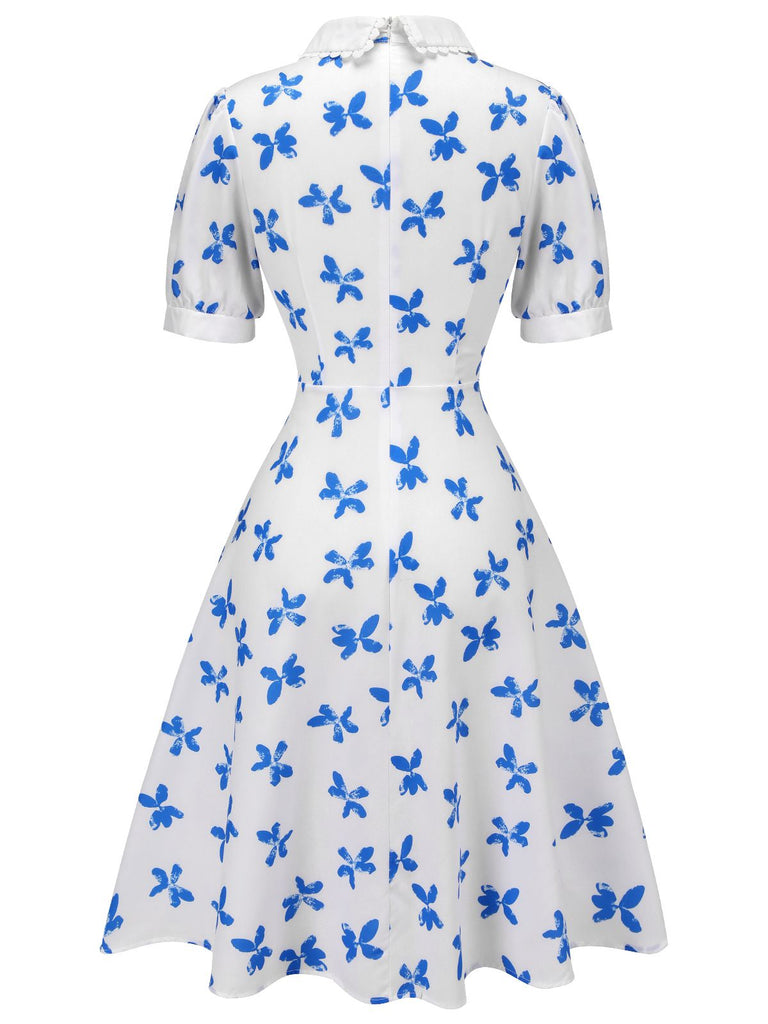Robe florale bleu col claudine des années 1940