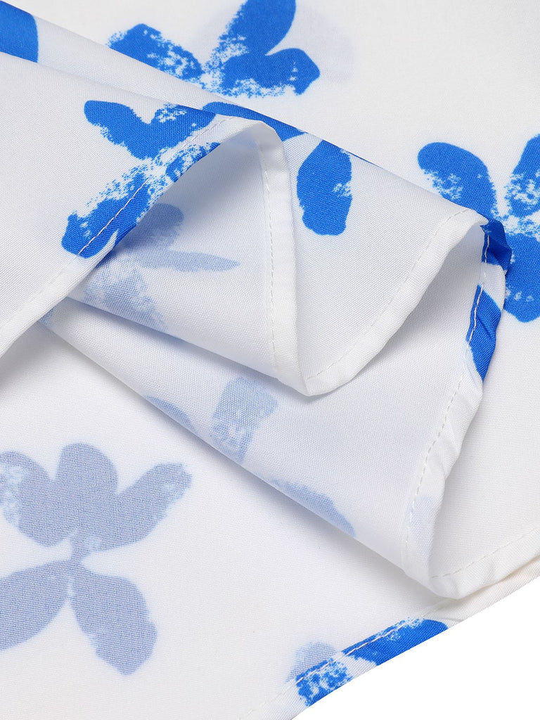 Robe florale bleu col claudine des années 1940