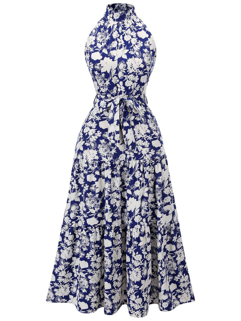 Robe bleue à fleurs et col montant des années 1930