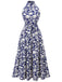 Robe bleue à fleurs et col montant des années 1930