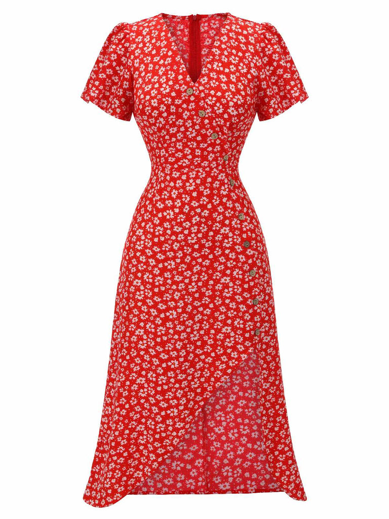 Robe rouge à col en V à fleurs des années 1940 – Retro Stage-France