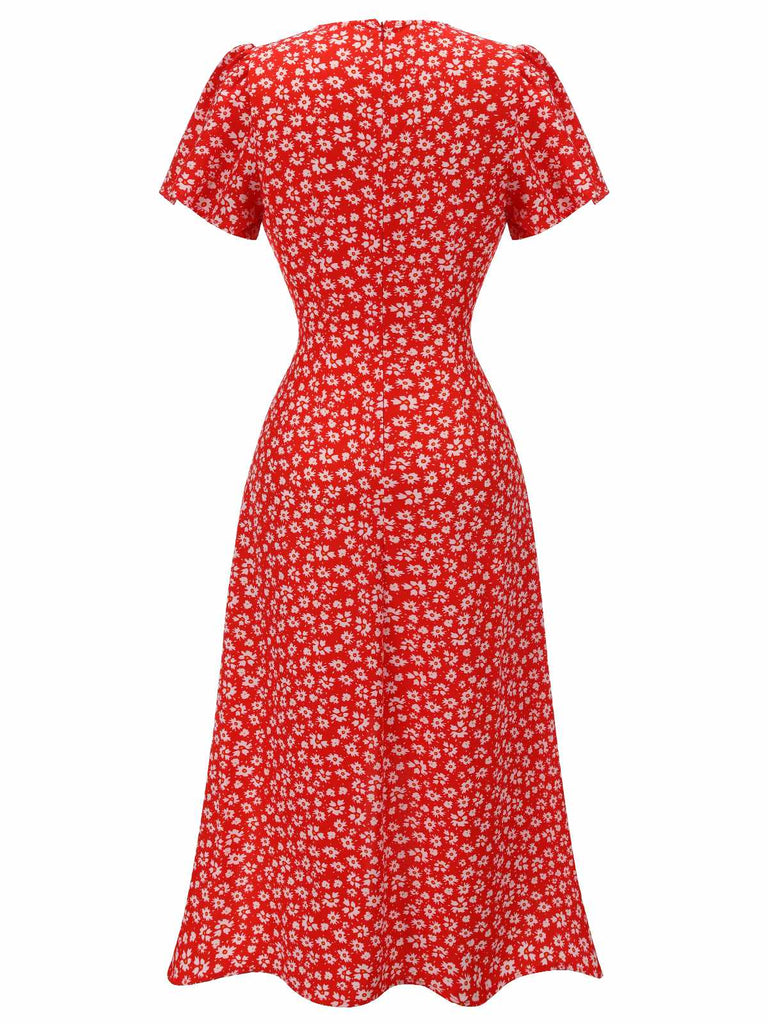 [Pré-vente] Robe rouge à col en V à fleurs des années 1930