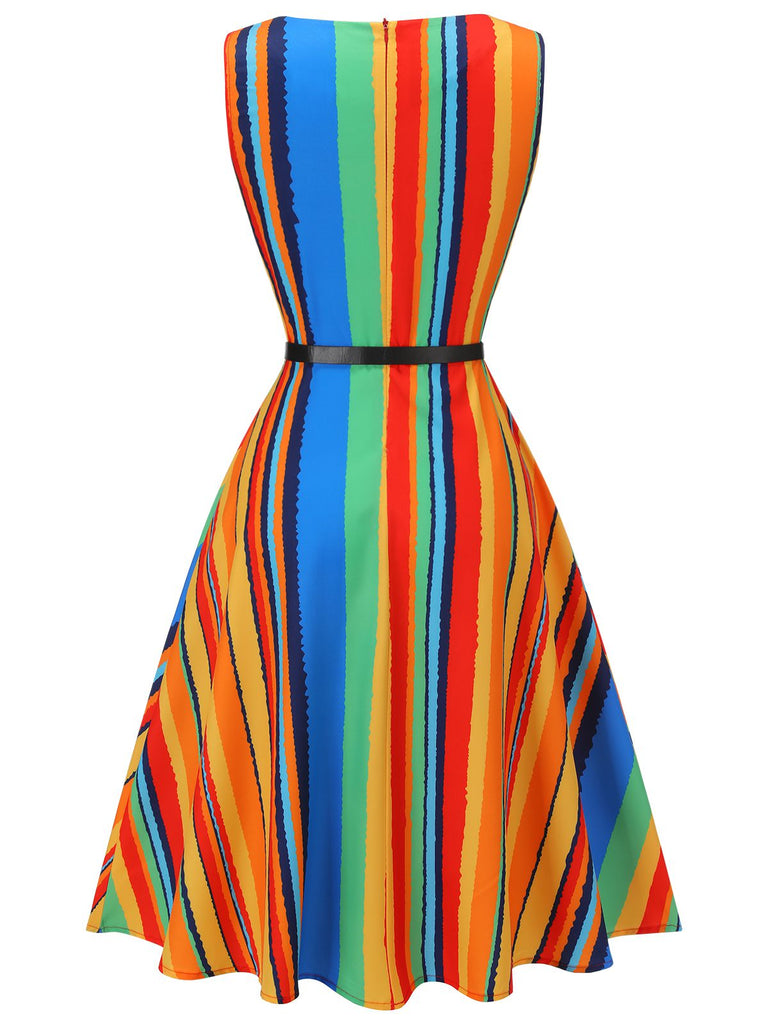 Robe ras du cou à rayures multicolores des années 1950 avec ceinture
