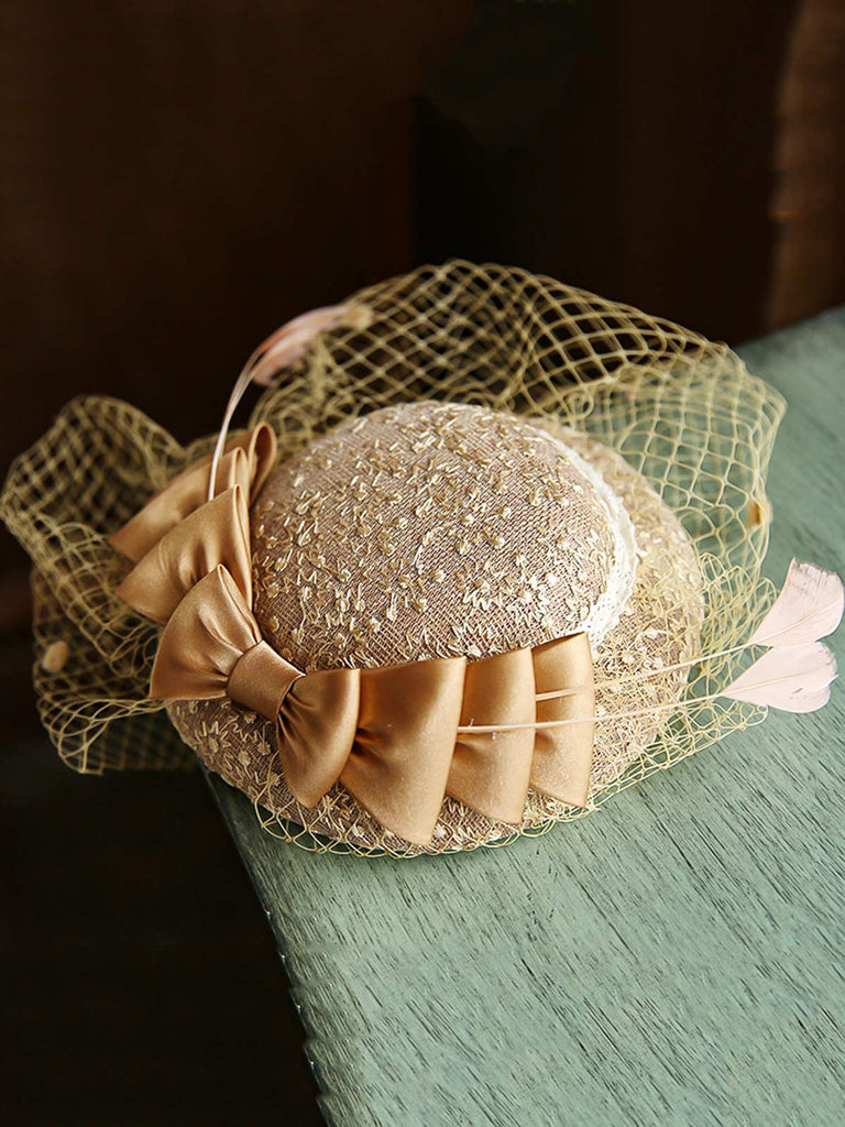 Chapeau Vintage Rétro en Maille avec Nœud Perlé