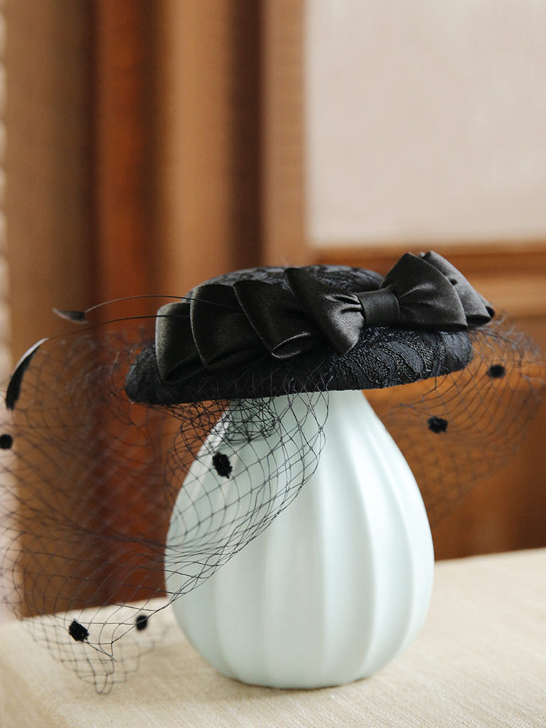 Chapeau Vintage Rétro en Maille avec Nœud Perlé
