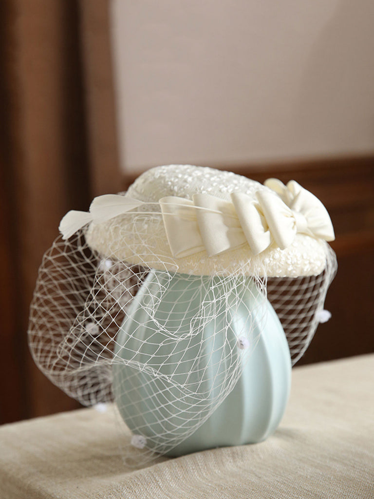 Chapeau Vintage Rétro en Maille avec Nœud Perlé