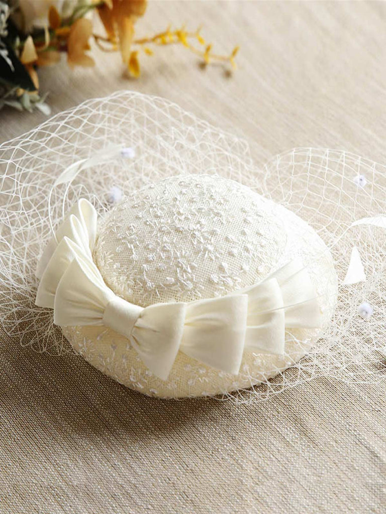 Chapeau Vintage Rétro en Maille avec Nœud Perlé