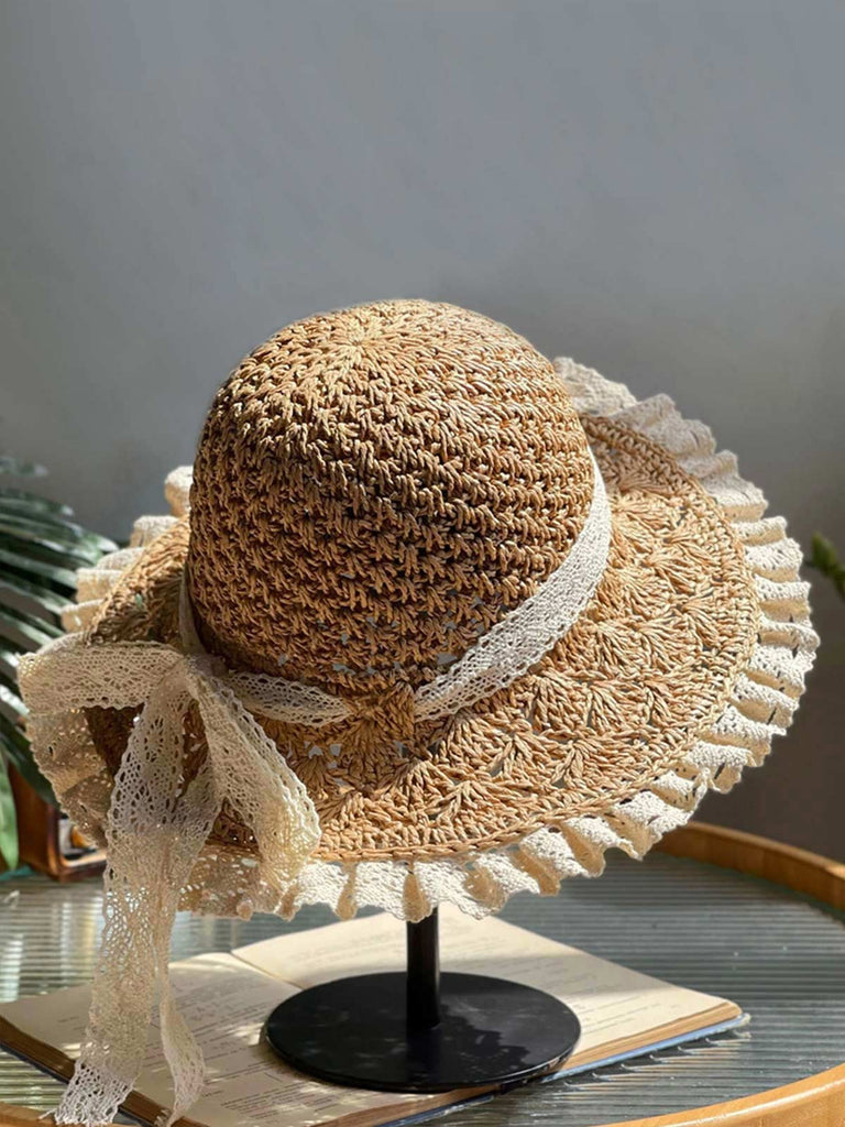 Chapeau de soleil rétro à nœud en dentelle fait à la main