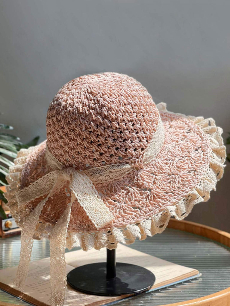 Chapeau de soleil rétro à nœud en dentelle fait à la main