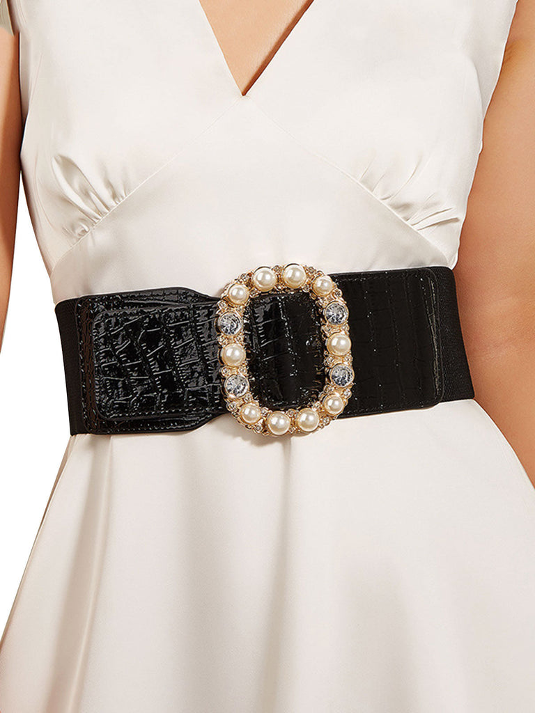 Ceinture large rétro noire avec perle