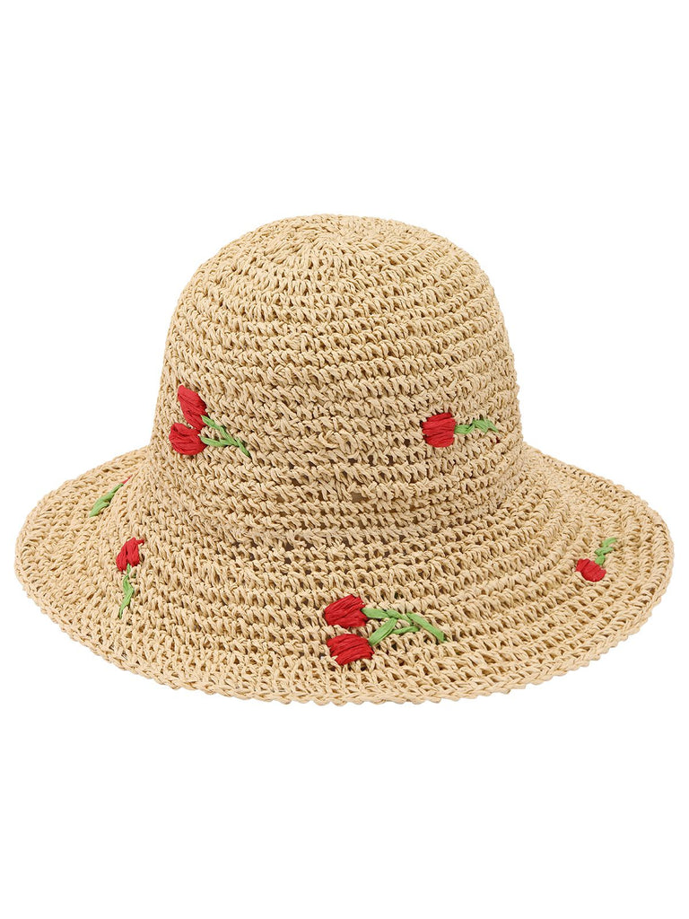 Chapeau de Soleil en Paille Beige Retro Rose