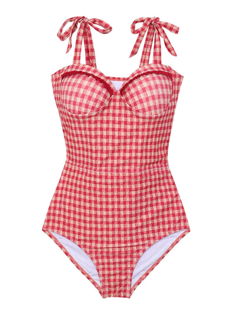 Maillot de Bain Rouge Découpée à Carreaux