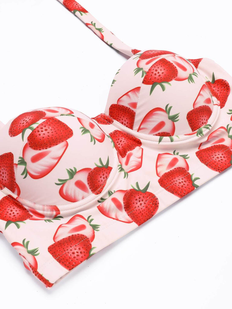 Ensemble de Bikini Plissé à Lacets Fraise