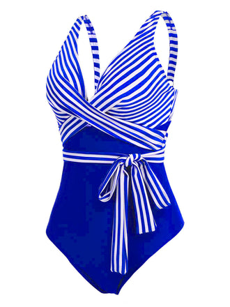 [GRANDE TAILLE] Maillot de bain une pièce patchwork rayé à lacets