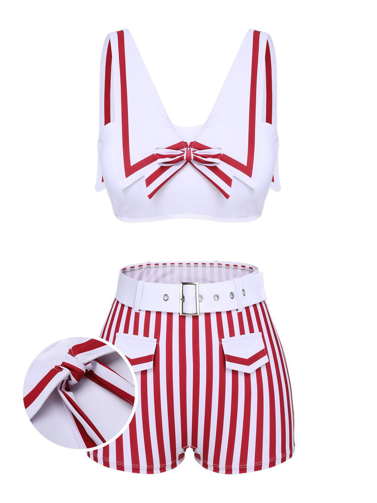Maillot de bain blanc et rouge marin poches rayures