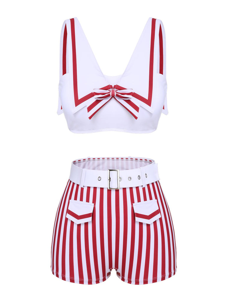 Maillot de bain blanc et rouge marin poches rayures